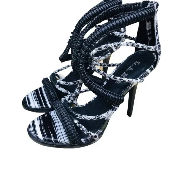 L.A.M.B Zebra Vine Black and White Strappy Leather Heels Sandals Size 8.5 - Picture 5 of 15
